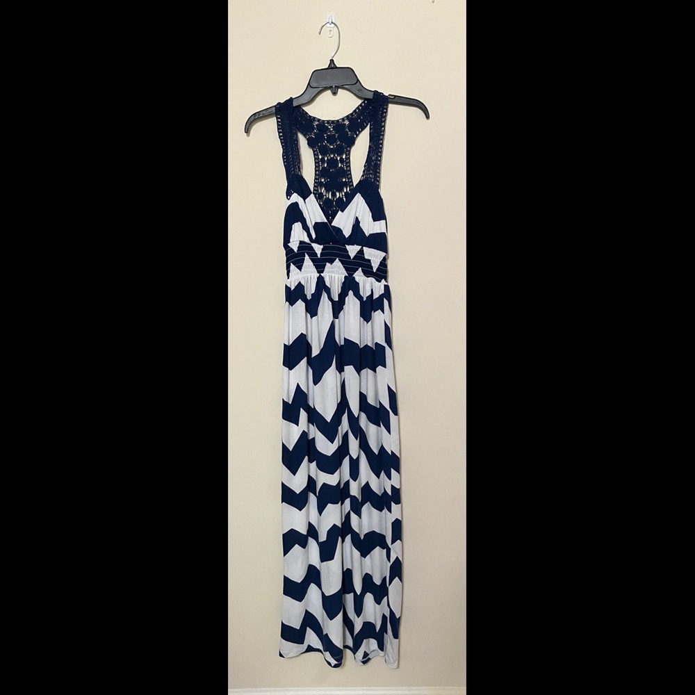 Blue and white striped maxi dress